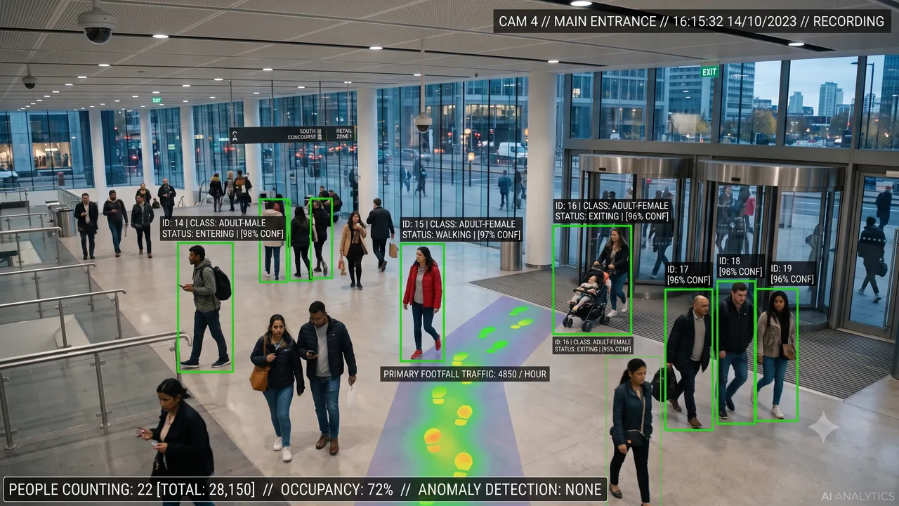CortexField AI people counting dashboard showing person tracking, entry and exit counts and occupancy analytics